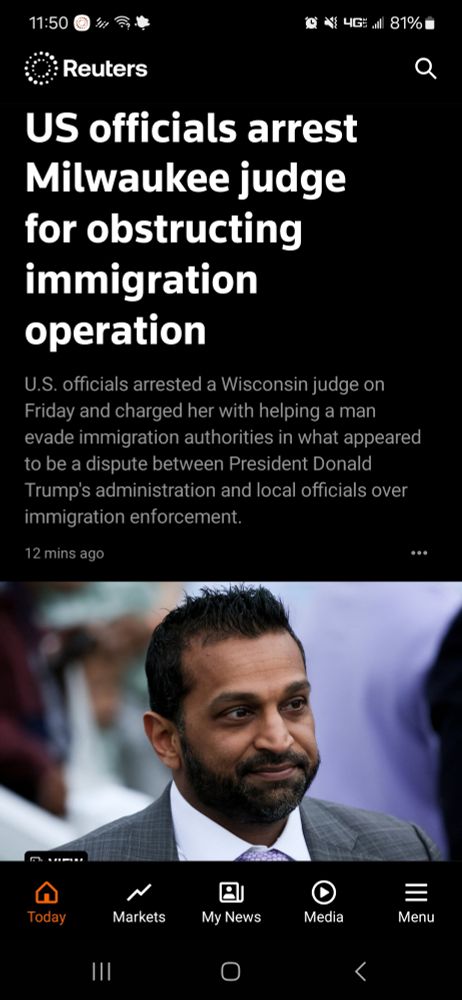 Screenshot of Reuters article.

US officials arrest Milwaukee judge for obstructing immigration operation.