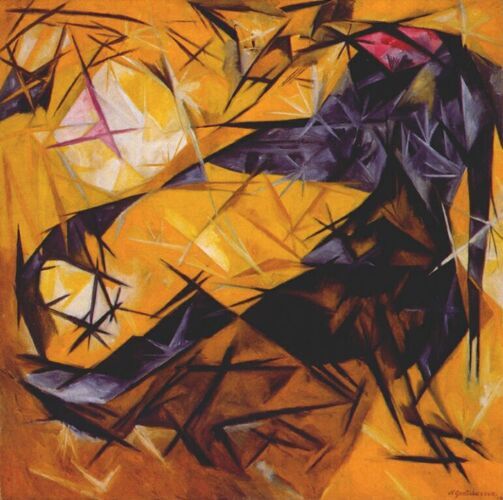 "Rayonist Cats: Perception in Rose, Black, and Yellow," is an abstract work by Natalia Goncharova that embodies the principles of Rayonism, focusing on the dynamic interplay of light and color. Vibrant geometric shapes and sharp angles intersect, suggesting feline forms amidst a bold backdrop of yellow, creating a sense of movement and energy.