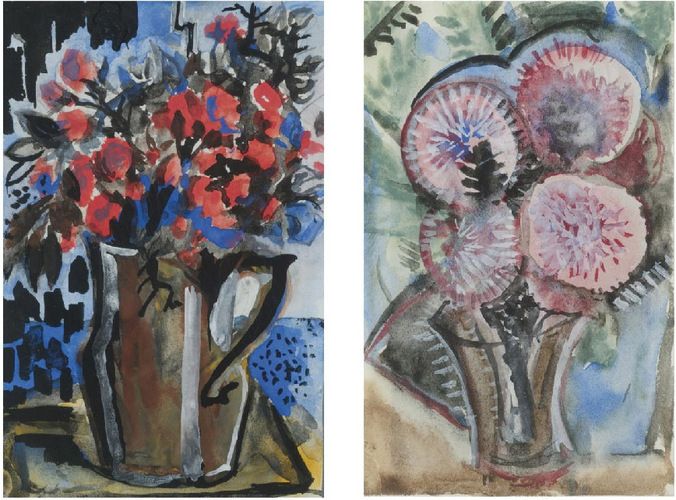 This vibrant artwork titled "Still Life" by Natalia Goncharova features expressive floral compositions with dynamic colors and bold brushstrokes, reflecting her connection to the Russian avant-garde movement. Goncharova's focus on natural forms is evident in the rich textures and abstract background, conveying a sense of vitality and movement.