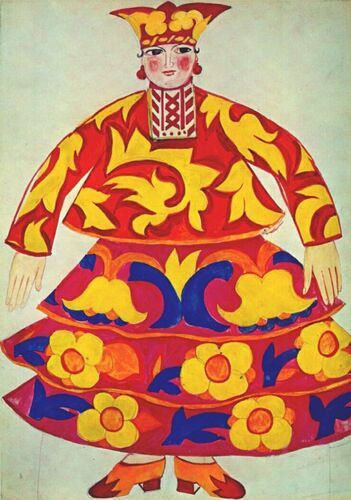 This vibrant costume design, created by Natalia Goncharova for the opera "Le Coq d'Or," features bold patterns and vivid colors typical of Russian folk art traditions. Goncharova, a prominent Russian avant-garde artist, intricately blends traditional motifs with modernist sensibilities, capturing the essence of theatrical innovation in the early 20th century.