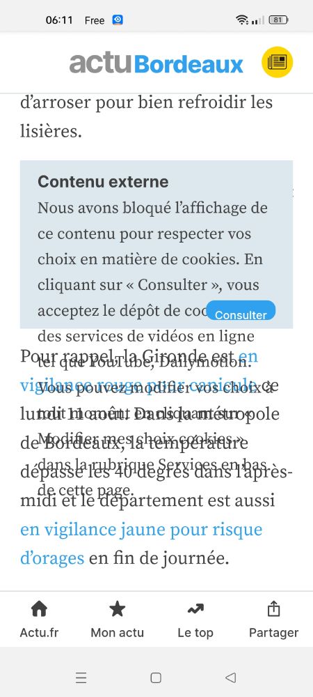 Copie d'écran d'un article d'Actu.fr où l'on voit un avertissement pour les cookies externes se superposer au texte de l'article 