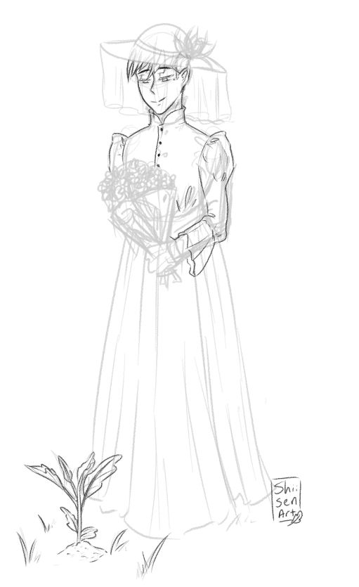 A work in progress sketch of Vash holding a bouquette of geraniums while looking at an apple sapling. Vash is dressed in a victorian style fashionable dress. He's also wearing a hat with a veil and spider lily. He looks content.