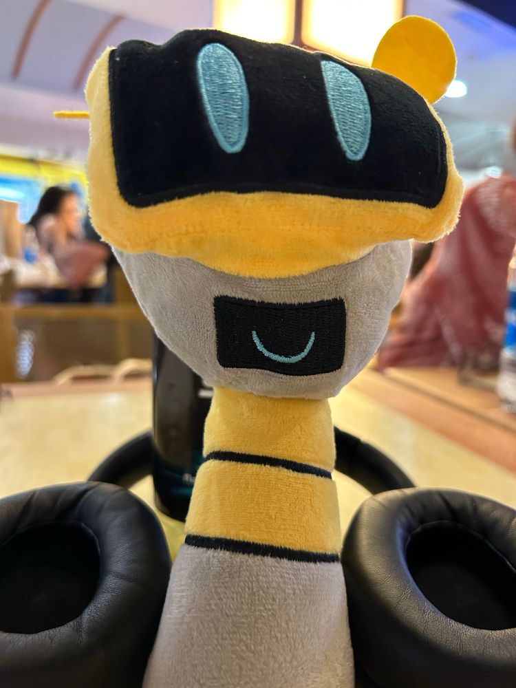 Low angle of bootleg fun bot plush