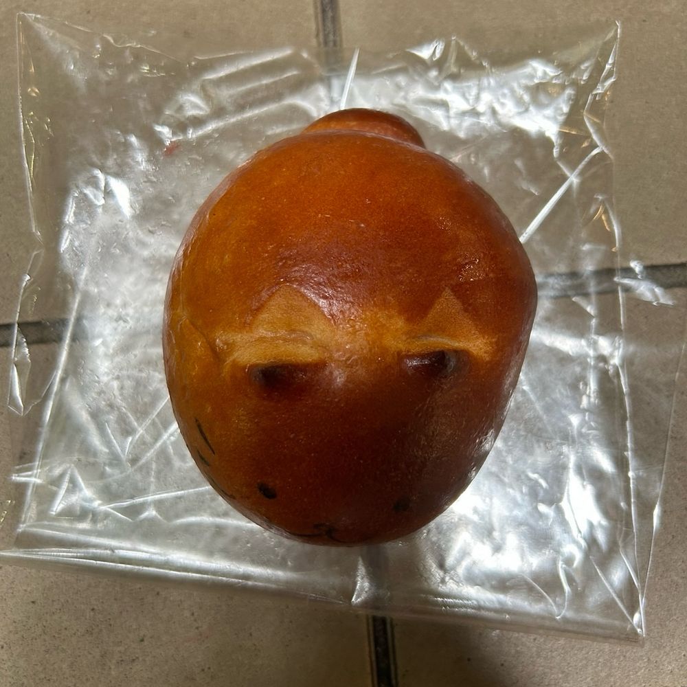 A top view picture of a toasty cat shaped bread bun with a little bun tail. The bun is sitting on a plastic wrapper.