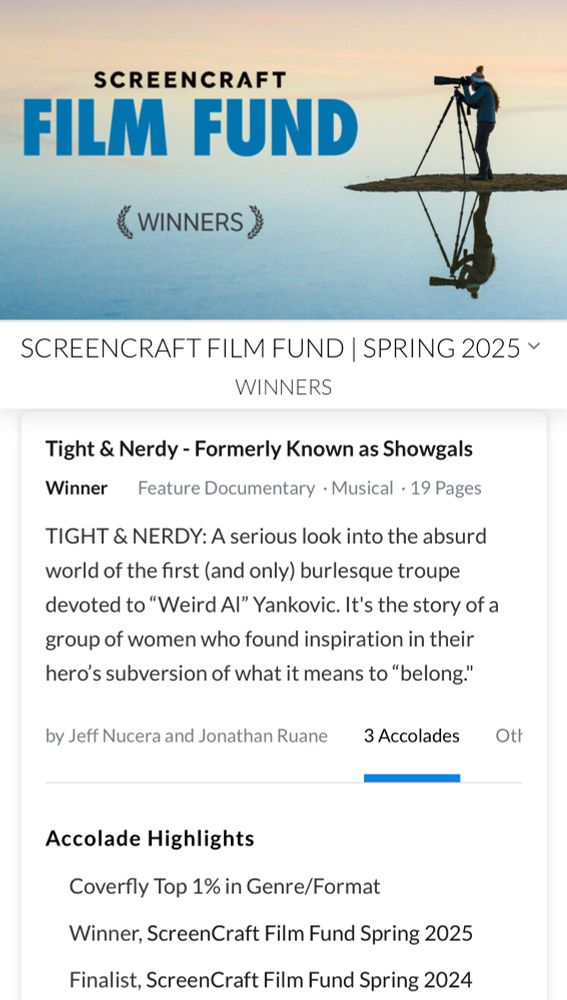 ScreenCraft Film Fund Winners logo - Spring 2025 winners list with “Tight & Nerdy” on the list!