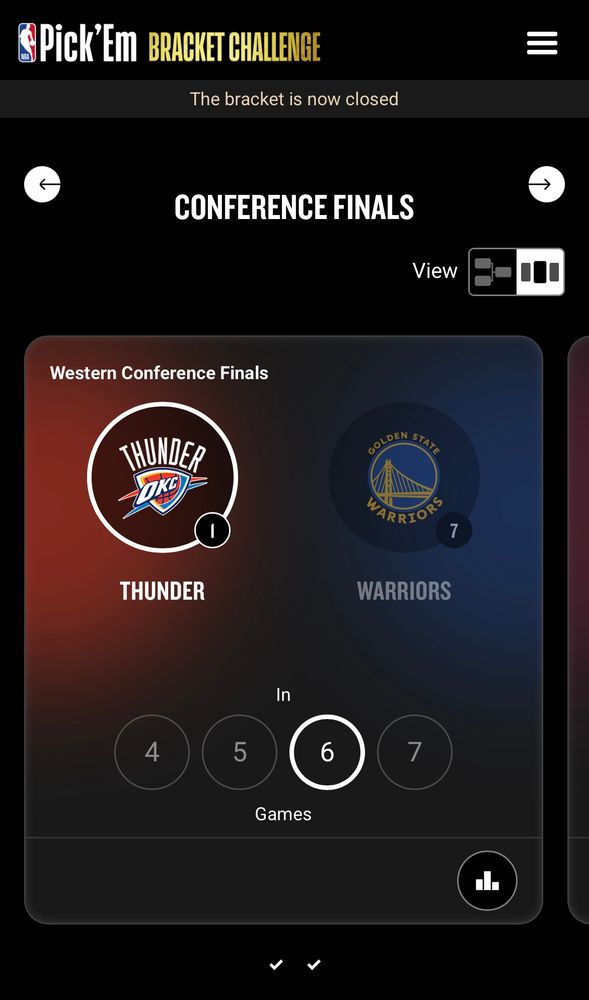 Skjáskot af NBA.com Pick'Em Bracket Challenge. Western Conference Finals. Thunder (valið) á móti Warriors. Leikjafjöldi valinn: 6.