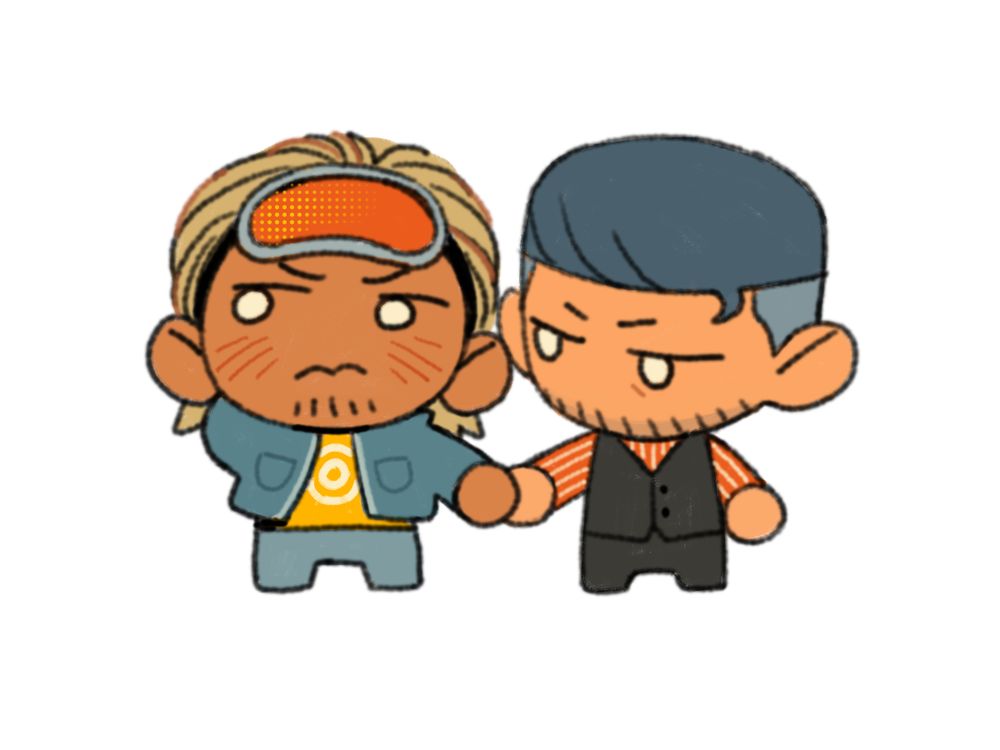One Piece shipping fan-art; Iceburg and Paulie as little marshmallow-shaped people, holding hands

