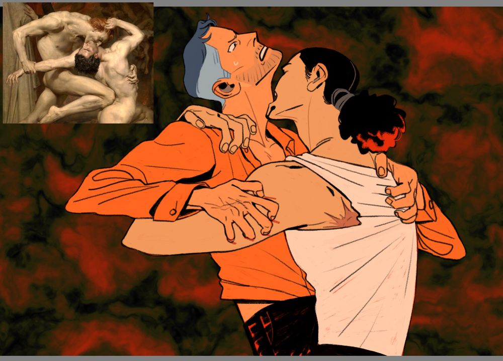 screenshot comparing a composition where Lucci bites Iceburg's neck to Bouguereaux's 'Dante and Virgil in Hell'