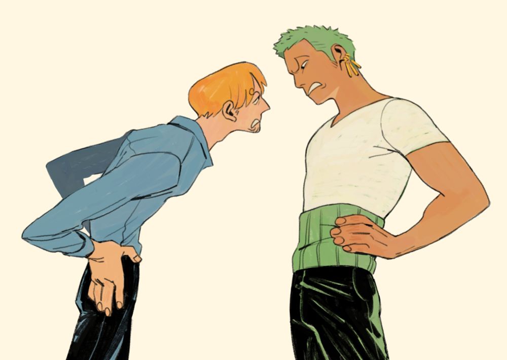 One Piece fan-art: Zoro and Sanji engaged in an intense stare-down, practically growling at each other, hands on their hips. Zoro is standing tall looking down at Sanji and Sanji is leaning far forward looking up at Zoro.
