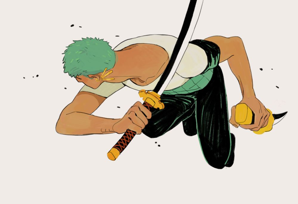 One Piece fan-art; Zoro mid-jump with his swords out and legs tucked in, neck and head resembling Gustav Klimt's 'The Kiss,' 