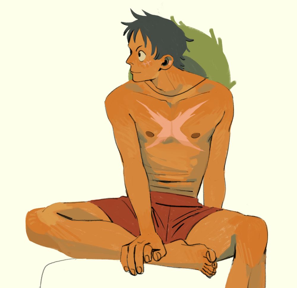 The same Luffy but sitting, one leg folded to his body, the loose skin on his stomach bunching up into several rolls.