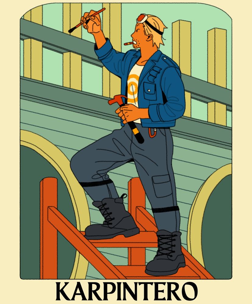One Piece fan-art: art deco poster; a vignette of Paulie working on a ship, propped up on a stepladder, paintbrush and hammer in hand as he makes the finishing touches on the railing. At the bottom of the poster is large text saying "Karpintero" ('carpenter' in Tagalog)
