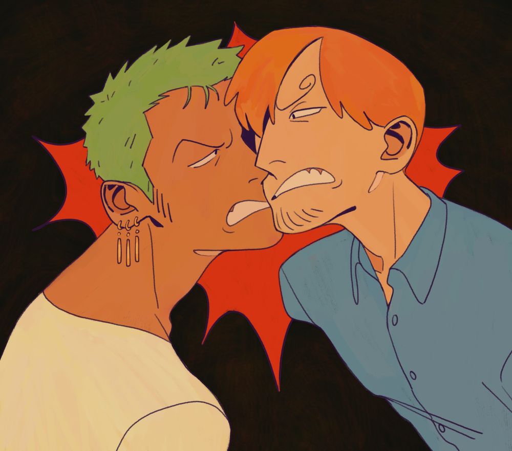 One Piece fan-art: Zoro and Sanji butting heads and snarling at each other so close their lips are practically touching, with a red starburst glaring behind them; the image is deliberately flipped so that their iconic features are on the wrong side


