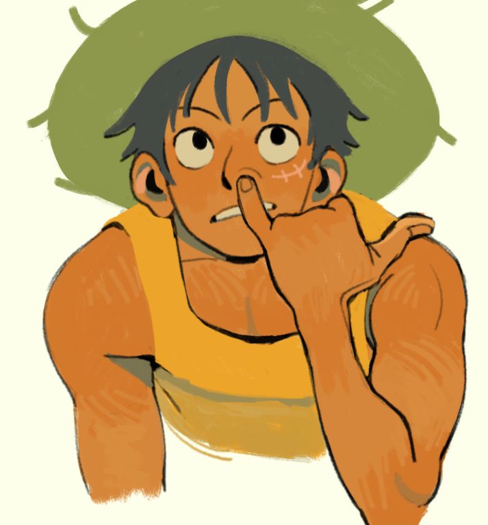 Luffy from a high angle, picking his nose and looking plainly up at the sky.