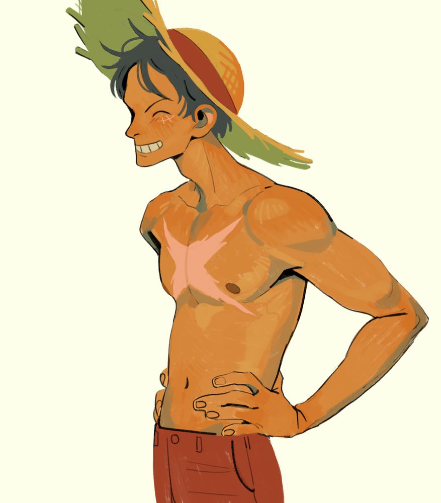 One Piece fan-art; Luffy, shirtless, hands on his waist, smiling so wide his eyes close up, tan skin glowing as if under the afternoon sun