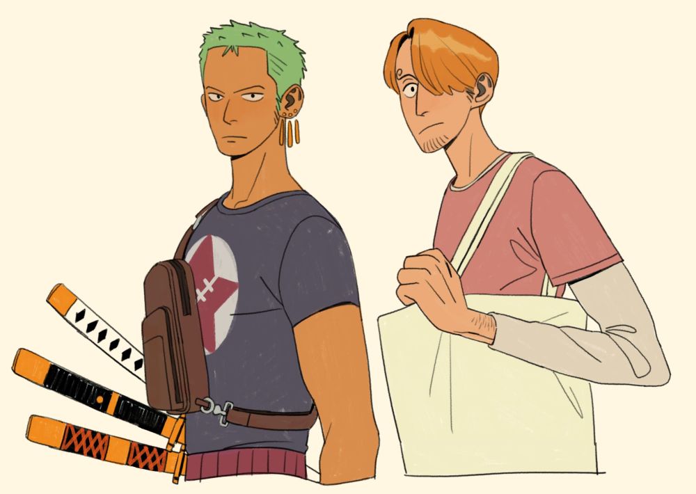 One Piece fan-art; Zoro and Sanji after having gone shopping. Sanji has a canvas bag slung over his shoulder while Zoro is wearing a chest bag.

