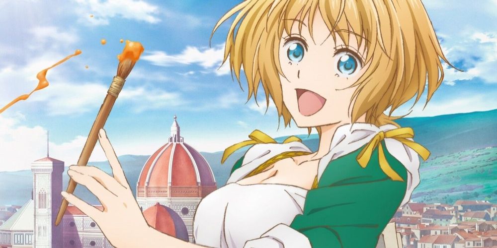 Arte from the anime Arte poses joyfully with a paintbrush.