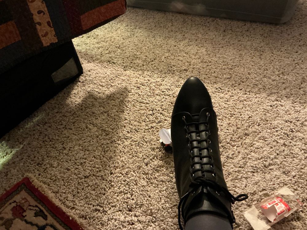 A top down view of a boot with "ladder lacing" done.