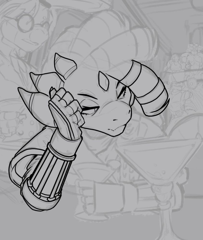 A space kobold sipping her drink. This is a sketch WIP.
