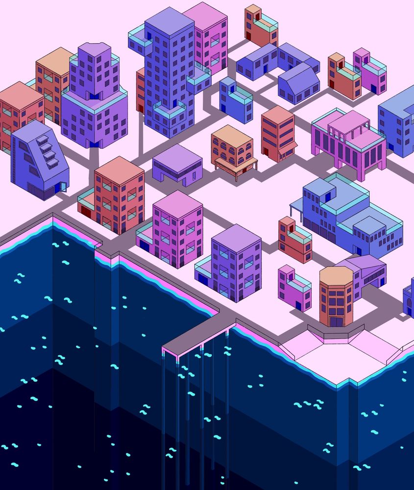 isometric digital drawings of many blocky buildings in purple and pink hues with a deep blue body of water in the front