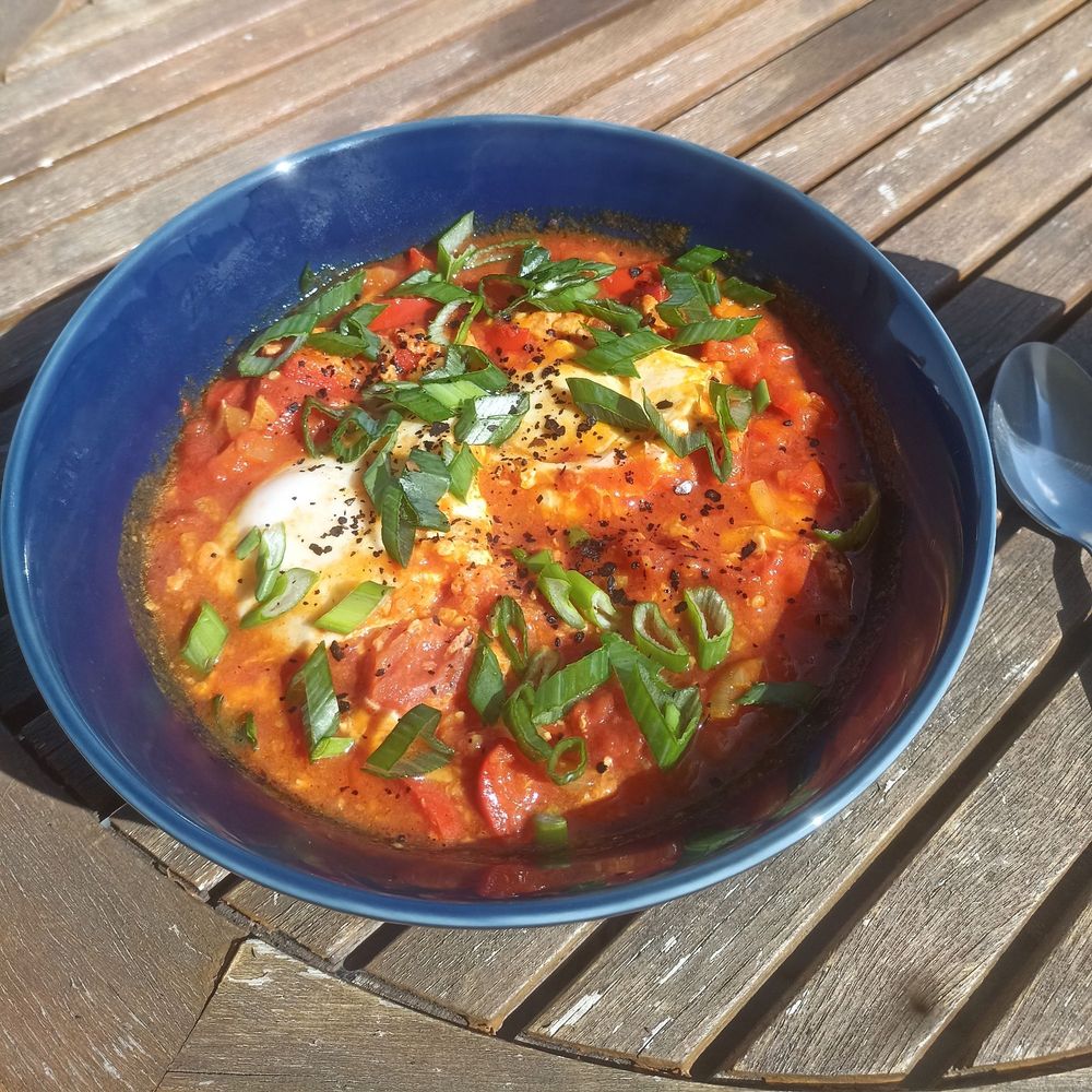 a blue bowl filled with shakshuka and sprinkled with spring onions