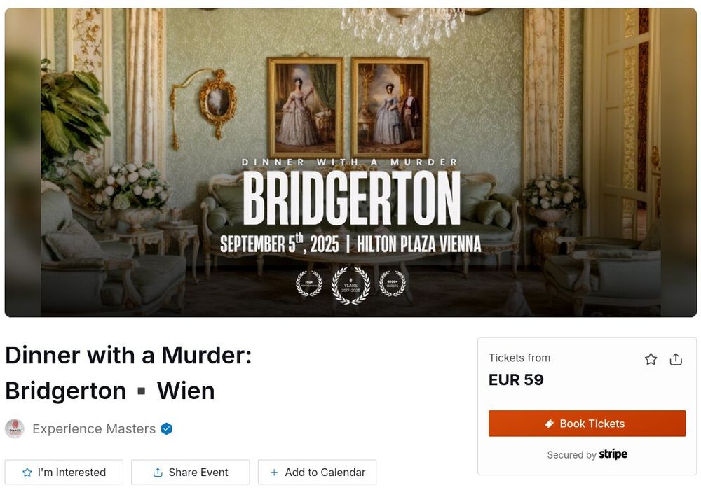 Screenshot einer Ankündigung: Dinner with a Murder: Bridgerton. 5. September im Hilton Plaza Vienna