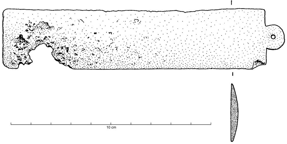Drawing of a Roman bone ‘rule’: a rectangular strip of bone, c. 14–15 cm long, with a plano-convex section and a rounded, perforated appendix on one of the shorter ends. Found at L’Escala, Ampurias, Spain. Drawing by Michel Feugère, from artefacts.mom.fr, RGL-4006.