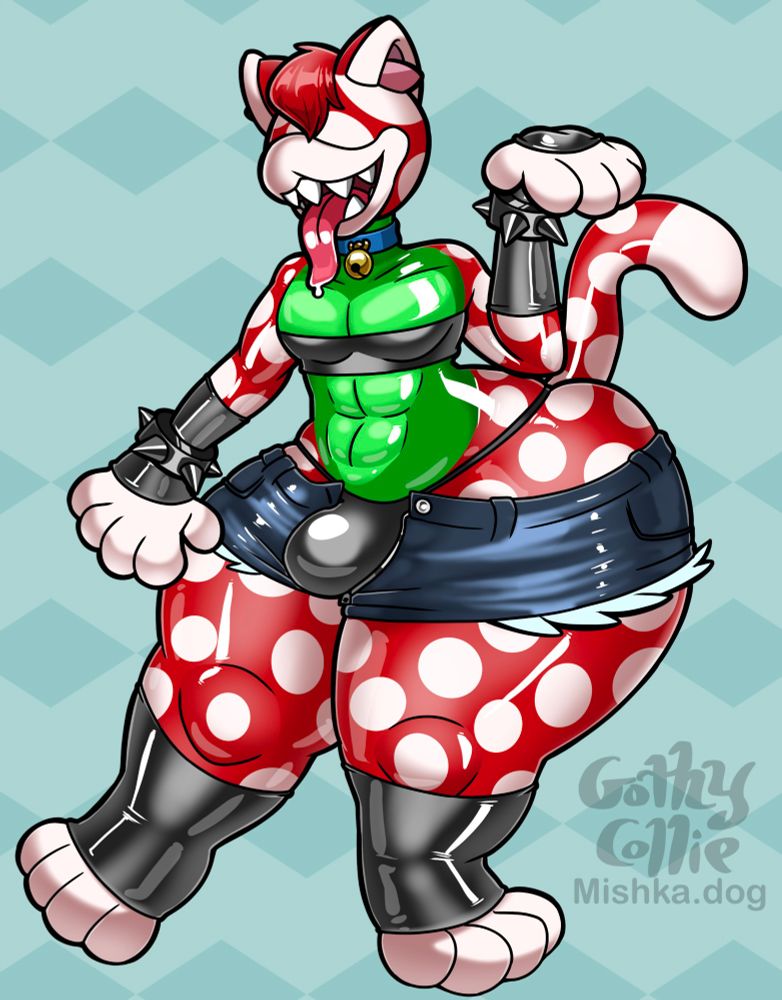 An illustration of an anthro male cat piranha plant, mostly with a "twink" body but massive hips and thighs. He's wearing a very thin black tube top, daisy dukes zipped down to reveal his bulge in a black thong, shiny black arm and leg warmers, a blue collar with a bell, and spiked metal wristbands