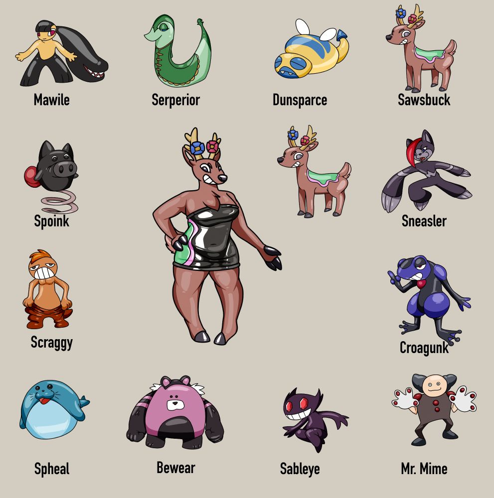 A collage of several Pokemon drawn from memory, all somewhat off in their own way, with an anthro drawing of the "sawsbuck" in the center of the collage