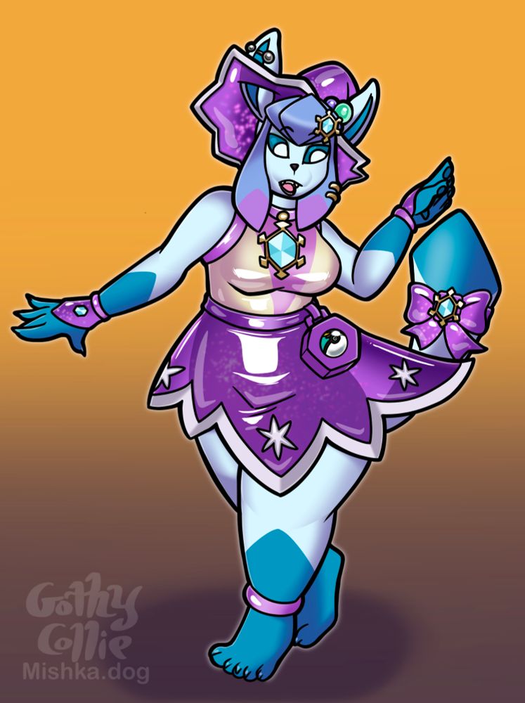 An illustration of an anthro female bodied Glaceon wearing an outfit of a witchy/wizard/starry but snowflake themed outfit of a wide brimmed hat and dress both with star/snowflake hems, they are looking at their outfit