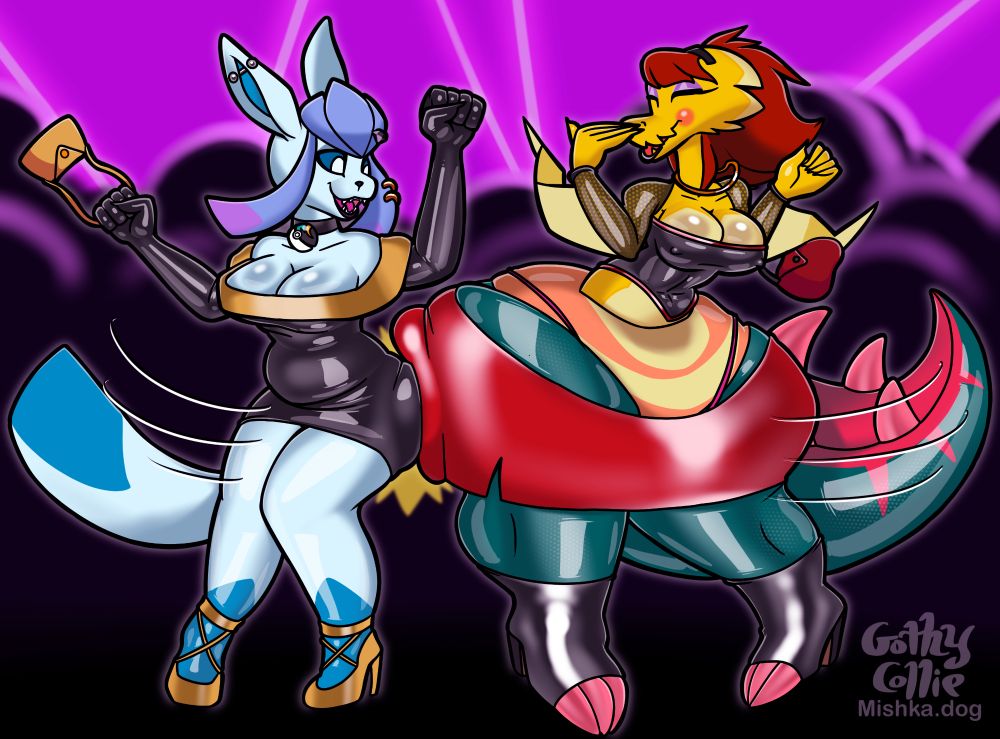 An illusion of an anthro female Glaceon dancing with an anthro female Dracozolt, they are bumping their hips into each other. The Glaceon is somewhat chubby and pear shaped, with mostly standard Glaceon colors but with purple accents on the "hair" bangs. They have an industrial piercing in one ear and two earrings in one of the Glaceon "hair bangs." She is wearing a black cocktail dress with gold accents, gold high heel shoes with straps, black evening gloves, and a black choker with a Moon Ball while holding a small black purse. The Dracozolt is wearing a black corset top with red accents and a mesh bolero top, a shiny red miniskirt, black high heel boots with her claw toes sticking out, and a gold necklace with a red purse. Her comically larger bottom bumping into the comparatively smaller Glaceon is a humorous contrast