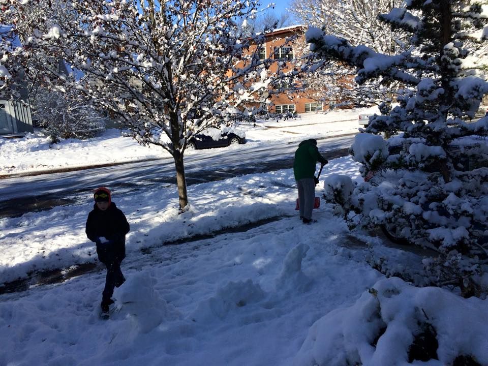A man shoveling a sidewalk and a boy making a snow sea monster amidst snowy trees and streets.