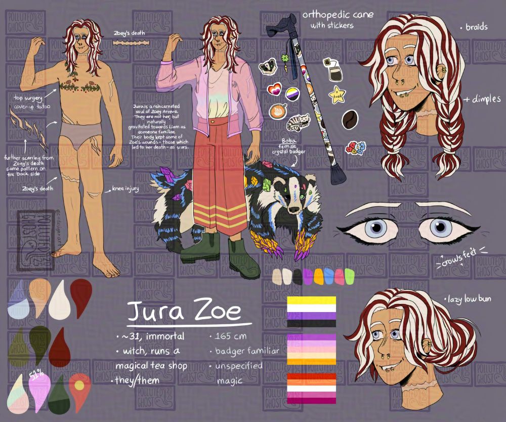 reference sheet for Jura Zoe. There's a pose in them in their underwear to show that they have tattoos over their chest and some scars, there's them clothed in a pink transparent shirt with a blue/yellow/pink tank top under it, brick orange pants with yellow stripes and green chunky boots. next to the is a closeup on their walking cane with stickers, two headshots and a detail of their eyes. Behind the clothed version is a badger with crystals growing out of it.