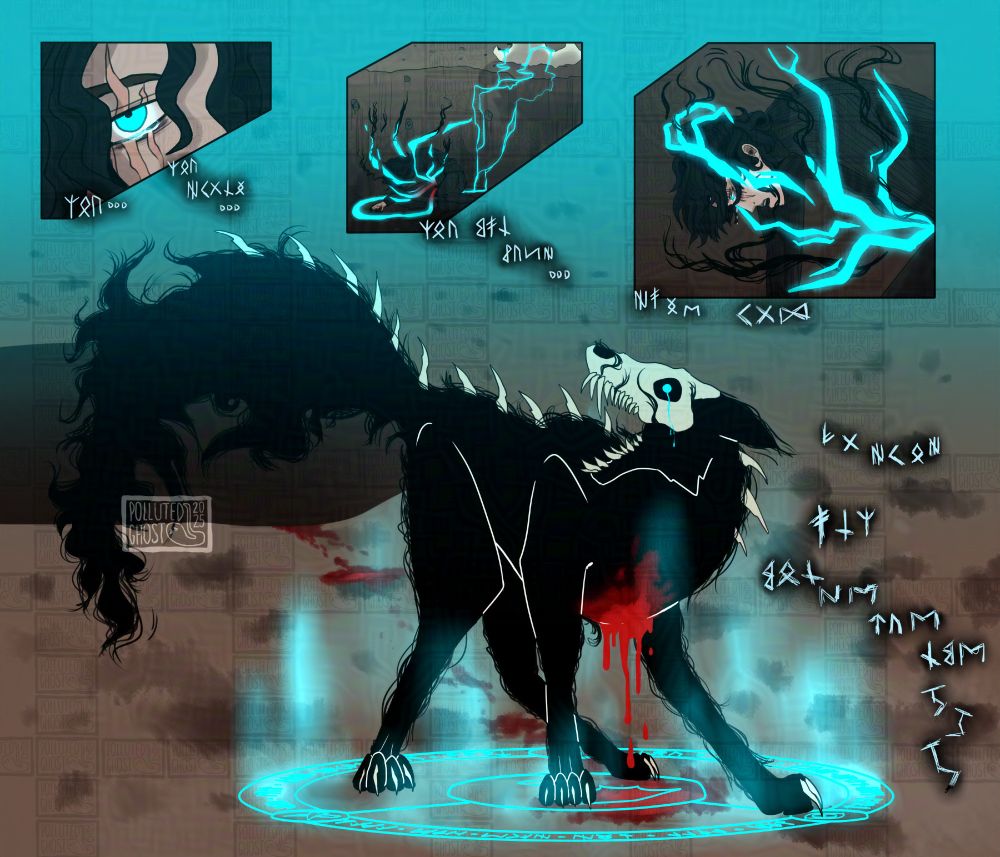 an illustration of an injured male character, activating a blood magic spell in three smaller panels. the most of the illustration is takes up by a shadow fox with a bleeding chest and skull for its upper jaw. it is screaming and standing on a magic circle. there is ciphered text in the picture.