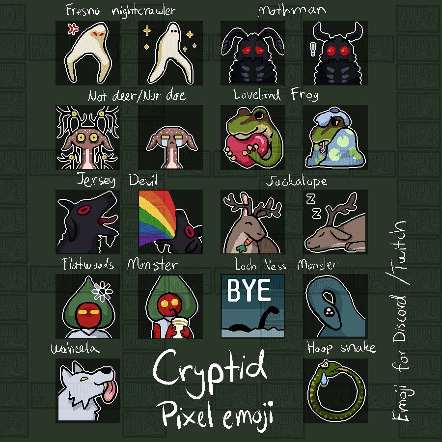 a sheet of pixel cryptid emojis for discord and twitch. There are 18 of them: an angry, and a walking fresno nightcrawler, sad and alert mothman, not-deer (male and female, the female one is crying), loveland frog with a heart and a sick loveland frog in a blanket with an ice pack, a screaming black jersey devil and one comiting rainbow, a sleeping jackalope and a jackalope eating a carrot, a "loading" flatwoods monster, a flatwoods monster sipping from a cup with a straw, a "bye" emoji with lochness monster outline, a lochness monster with cute eyes, a waheela licking the screen and a sad hoop snake