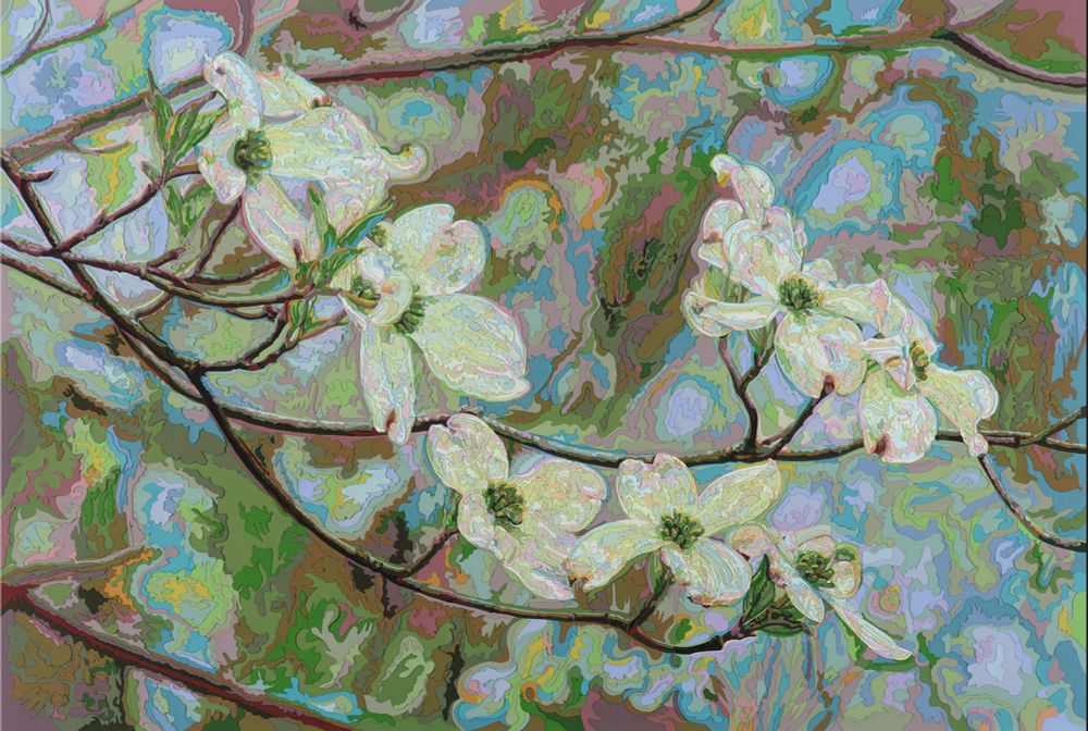 Dogwood flowers on branches comprised of hundreds of bits of hand cut paper. 