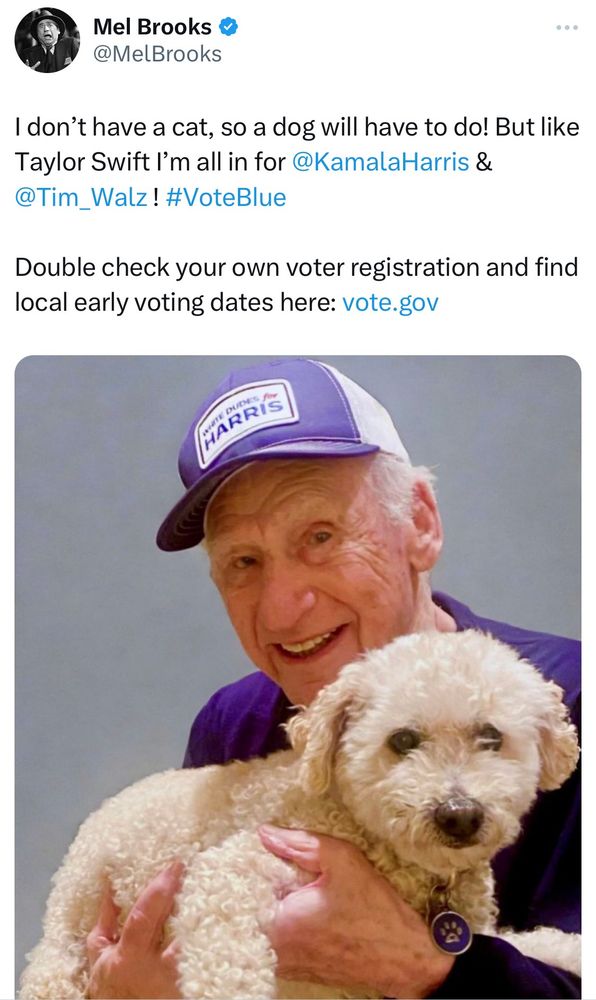 Mel Brooks Twitter post with photo of him holding a cute dog and supporting Kamala Harris for President.