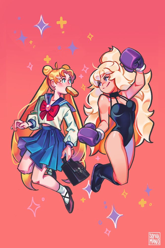 Fan art of Usagi from the Sailor Moon posing with Toast from Bee and Puppycat! This is a fun pairing because they shared the same voice actress, Terri Hawkes! 