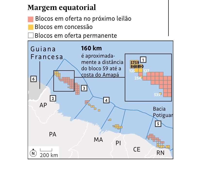 Map of oil exploration blocs off the coast of Brazil. Taken from: https://www1.folha.uol.com.br/ambiente/2025/06/leilao-de-petroleo-poe-brasil-no-foco-de-ambientalistas-pelo-mundo.shtml