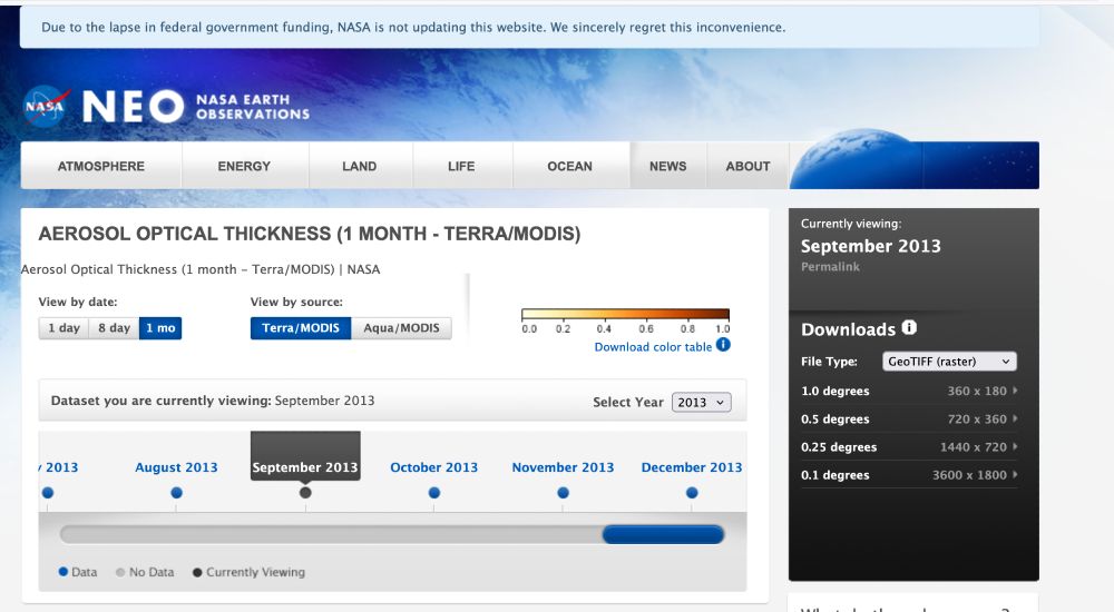 NEO NASA website showing banner that says "Due to the lapse in federal government funding, NASA is not updating this website. We sincerely regret the inconvenience. 