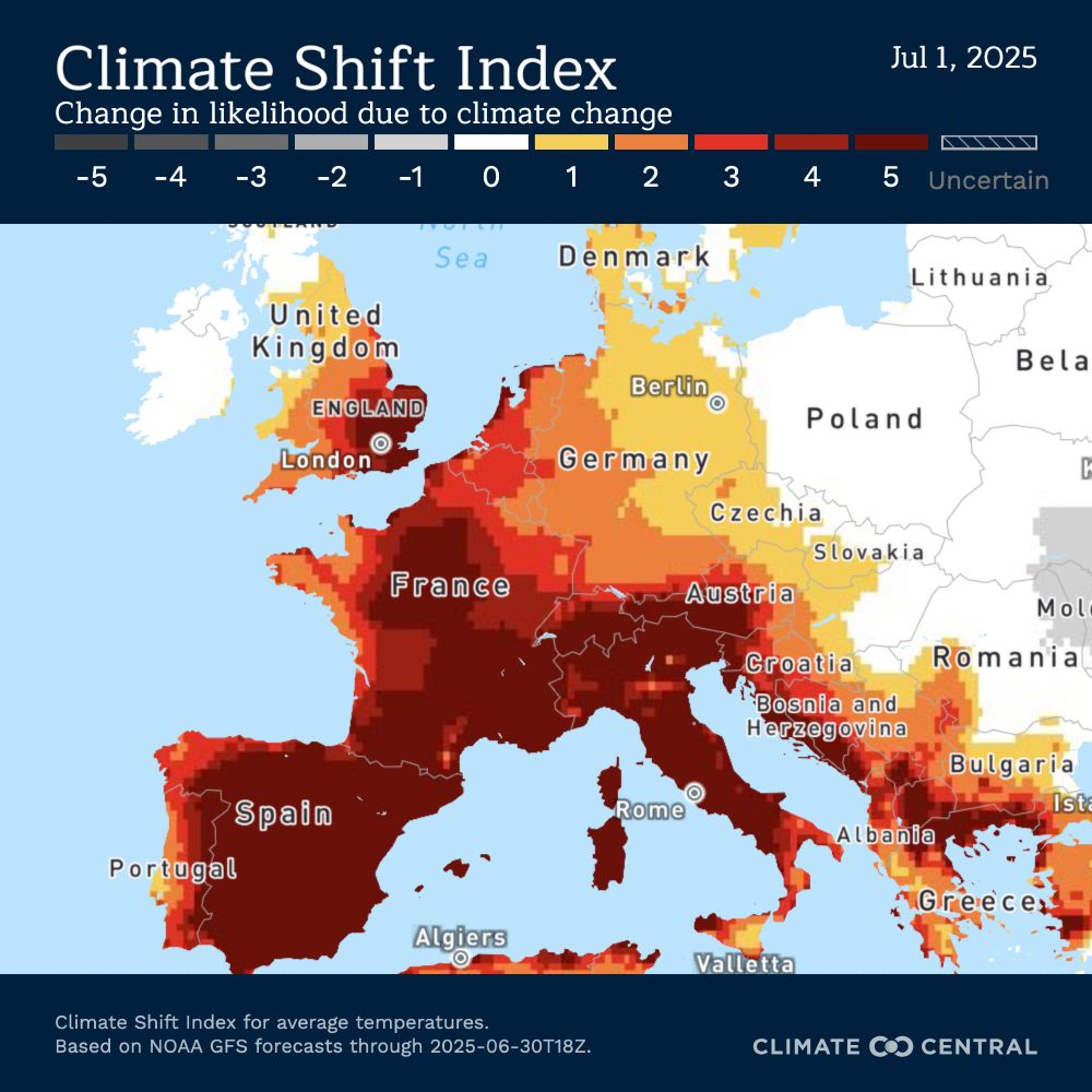 Map from the Climate Shift Index of Europe, showing that the current heat wave over much of Western Europe is 4-5 times more likely due to climate change. 