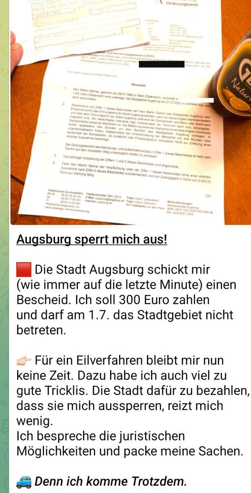 Die Stadt #Augsburg hat dem rechtsextremen Hassprediger Martin Sellner ein Betretungs- und Aufenthaltsverbot erteilt. Gut so! Da er aber via Telegram ankündigt, am 1.7. trotzdem anzureisen, müssen Sicherheitsbehörden und Zivilgesellschaft wachsam bleiben. #wehrhafteDemokratie 