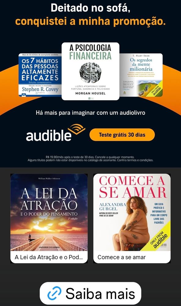 Anúncio da audible no instagram que mostra livros como Comece a se amar, A lei da atração, psicologia financeira e coisas do tipo