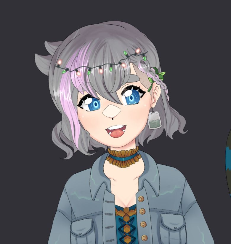 screenshot of Olive's vtuber model smiling, wearing christmas lights on her head