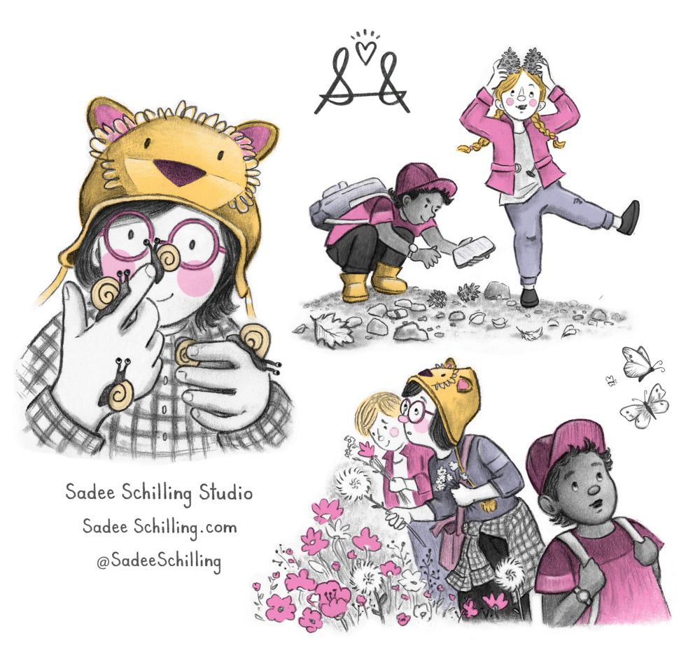 Children’s book illustrations of three middle grade children in different scenarios, enjoying nature, drawn in graphite with limited shades of violet and pink. One girl in glasses and a bright yellow lion hat lets snails crawl over her hands. A boy in a ball cap admires butterflies and collects rocks, while a blonde girl picks flowers and playfully puts pine cones on her head. 