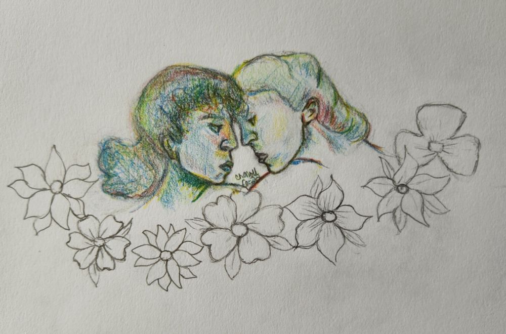 Claudia and Madeleine drawn in rainbow pencils during their last moments with flower doodles 