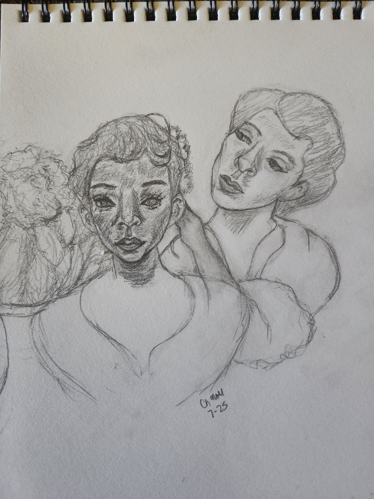 Madeleine doing Claudia's hair, a potted flower next to Claudia  
