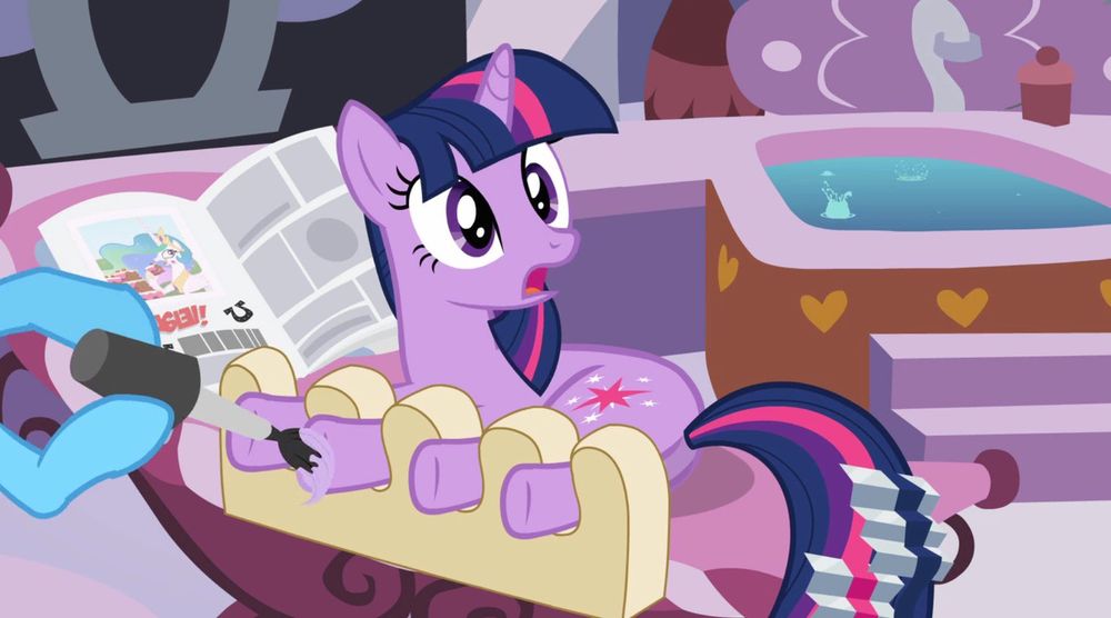 Twilight Sparkle in a giant version of one of those toe separator things that they use in spas. A spa pony is polishing her hooves with a comically oversized brush.