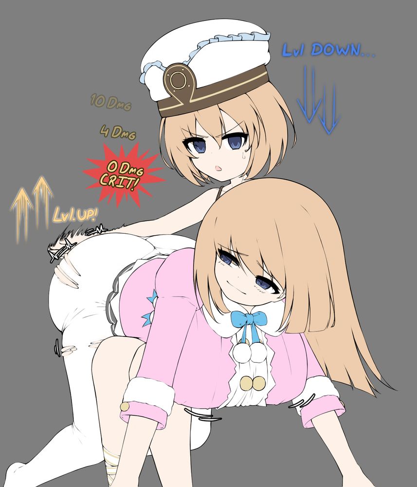 Ram bent over with a smug look getting spanked by Blanc, while draining her levels