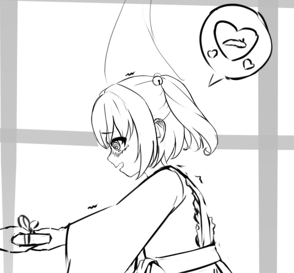 Work in progress work of Kosuzu Motoori from Touhou, handing someone a Valentine's chocolate box